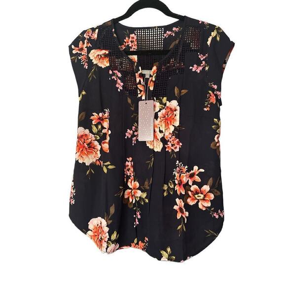 Daniel Rainn Women's Split Neck Floral Cap Sleeve Lace Yoke Top Size PS Blue NWT - Picture 2 of 8